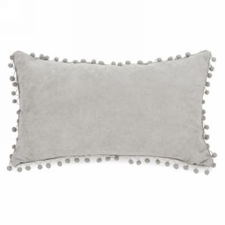 LIGHT GREY RECTAGLE THROW PILLOW WITH POM POMS