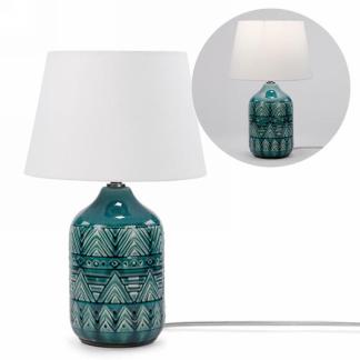 TEAL AZTEC MOTIF TABLE LAMP WITH CERAMIC BASE