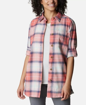 WOMEN'S HOLLY HIDEAWAY FLANNEL SHIRT - PEACH TARTAN