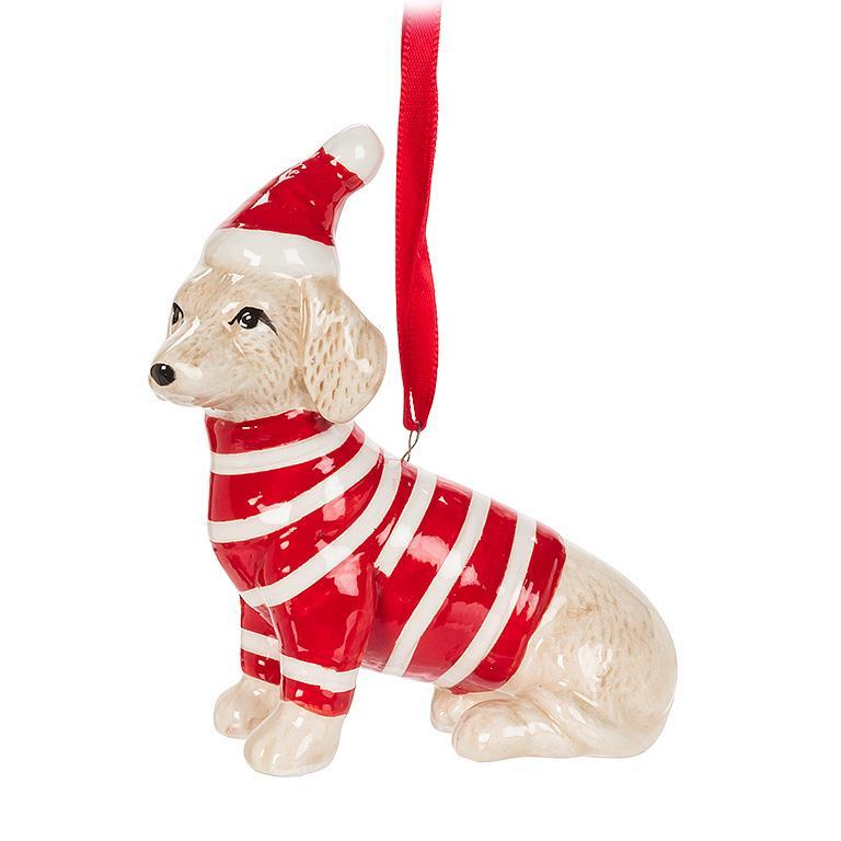 DOG IN HAT AND STRIPED SWEATER ORNAMENT
