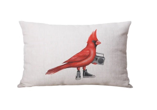 CARDINAL HOLDING A RADIO THROW CUSHION
