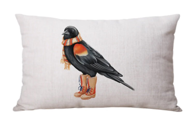 BLACK BIRD WEARING ORANGE BOOTS THROW CUSHION
