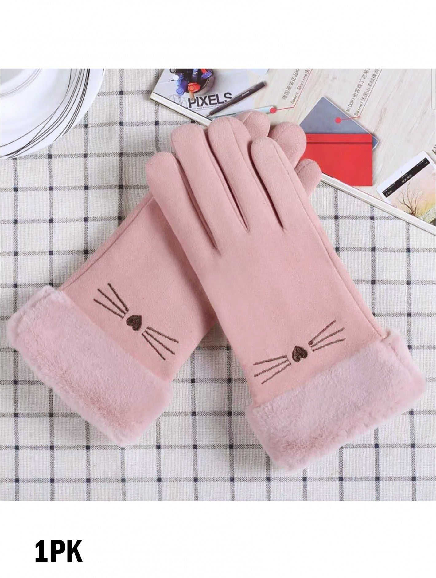 PINK FLEECE LINED CAT GLOVES WITH FUR TRIM