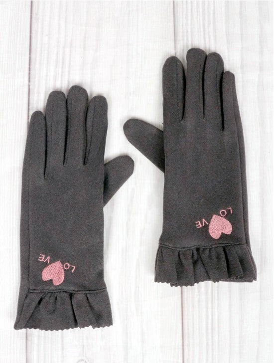 GREY GLOVES WITH "LOVE" AND A HEART