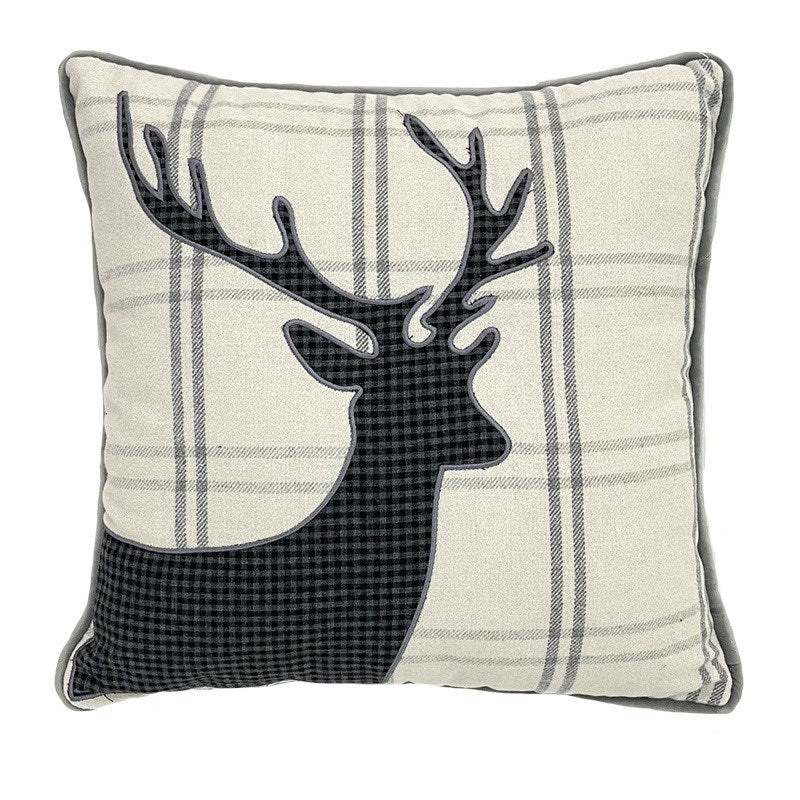 GREY PLAID DEER CUSHION 18X18