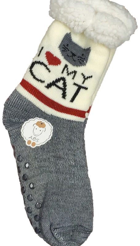 "I LOVE MY CAT" SLIPPER SOCKS WITH ABS SOLE