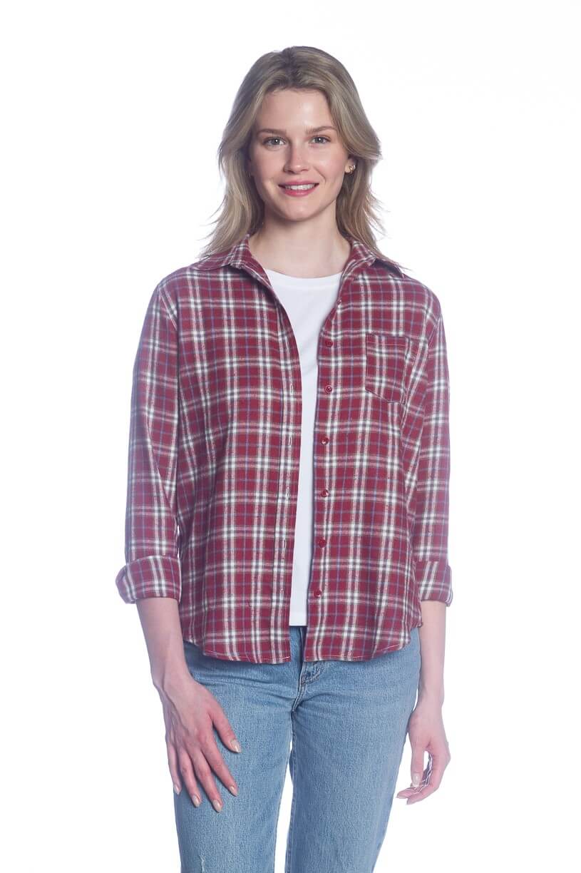 WOMEN'S LONG SLEEVE FLANNEL SHIRT - WINE & CREAM