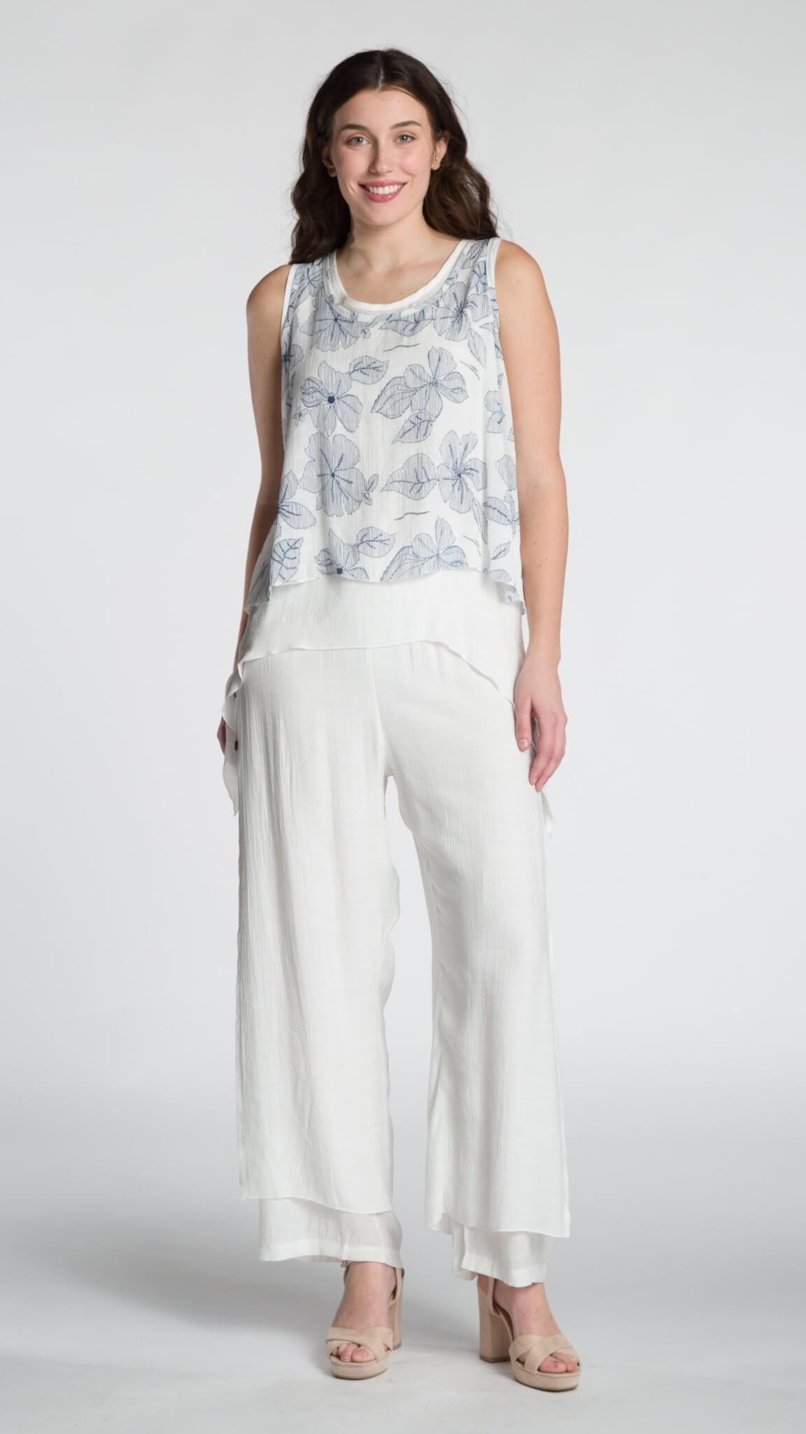 WOMEN'S DENIM WHITE FLORAL TUNIC TOP