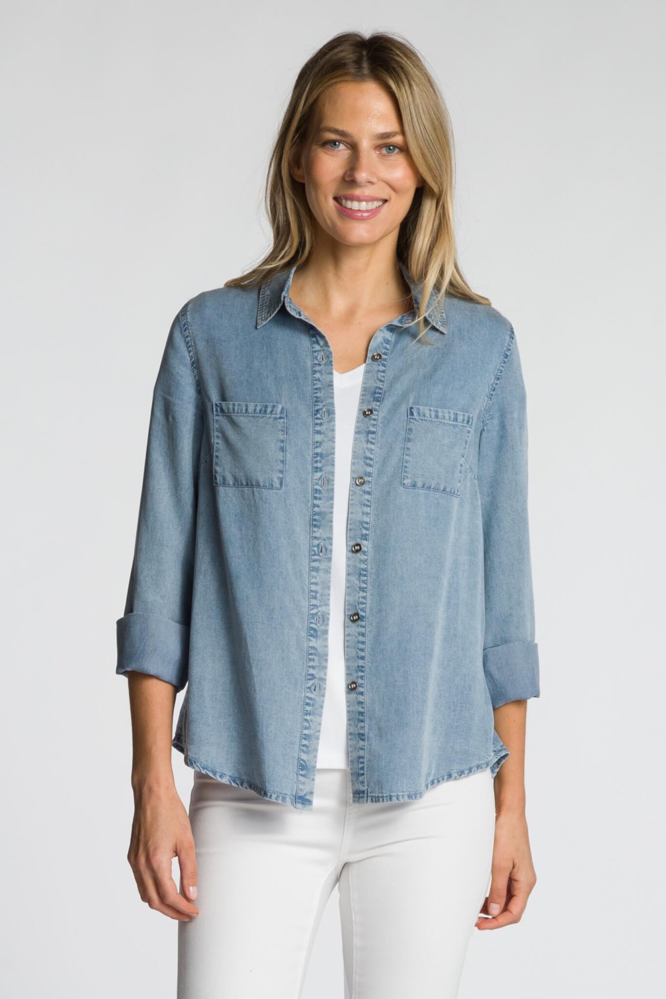 WOMEN'S LONG SLEEVE BUTTON FRONT DENIM SHIRT