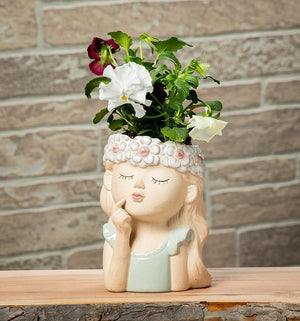 GIRL WITH FLOWERS LARGE PLANTER 6"H