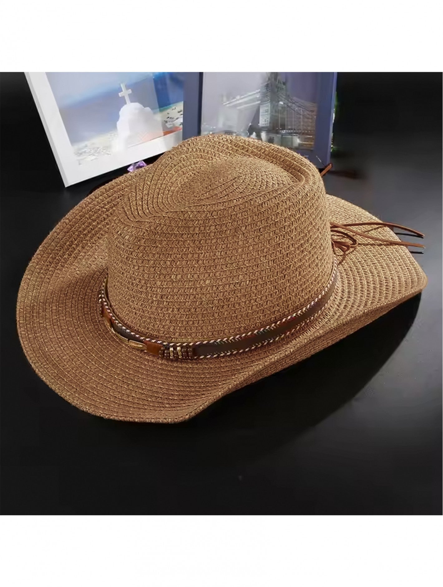 LADIES COFFEE SUMMER HAT WITH LEATHER BUCKLE STRAP