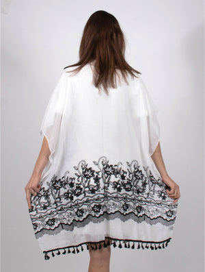 LADIES WHITE  FLORAL KIMONO WITH TASSELS