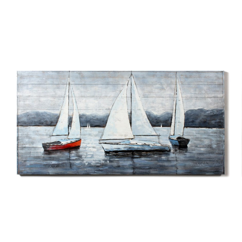 3 Sailboats Painting On Wood