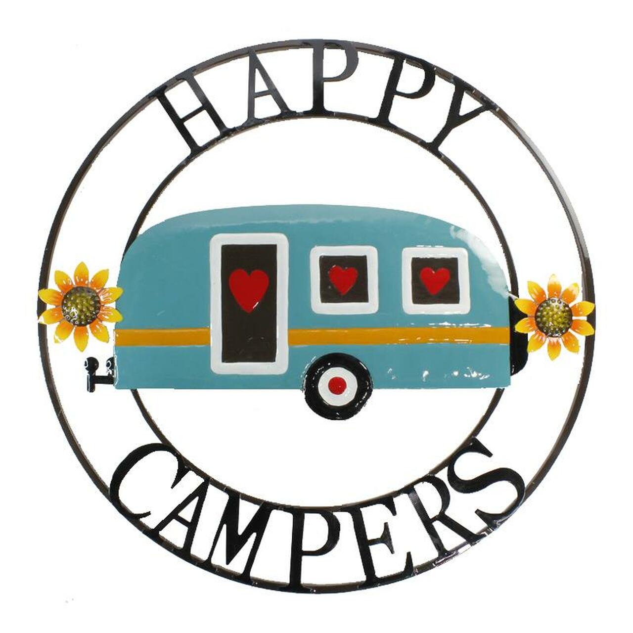 COLOURFUL HAPPY CAMPER ROUND METAL WALL DECOR