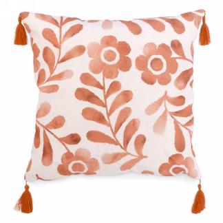 BURNT ORANGE FLORAL THROW CUSHION WITH TASSELS