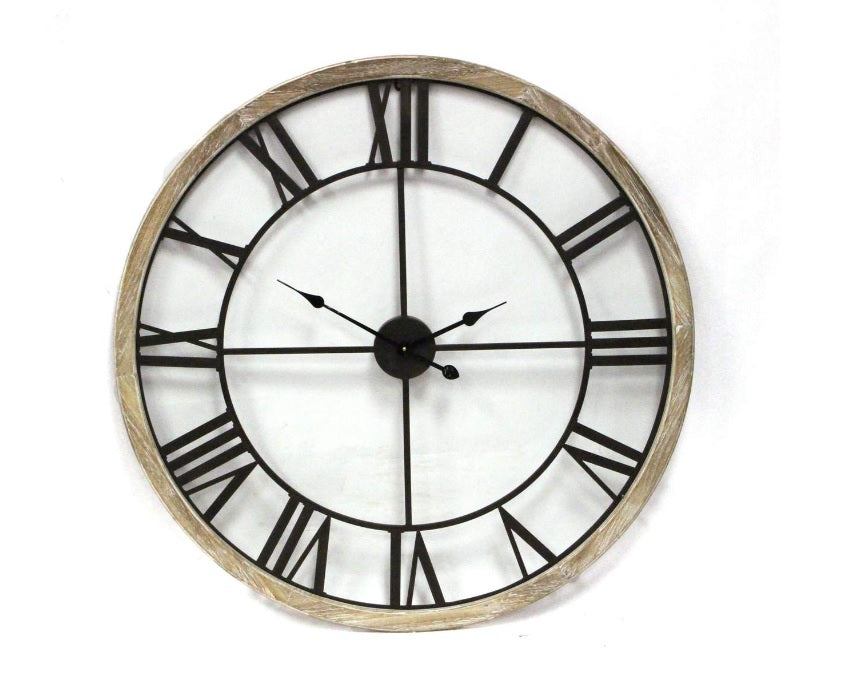 WHITE METAL WITH WOOD CLOCK AND WOOD FRAME