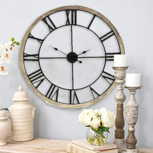 WHITE METAL WITH WOOD CLOCK AND WOOD FRAME