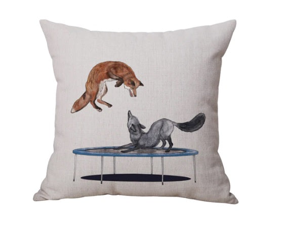 FOXES JUMPING ON A TRAMPOLINE THROW CUSHION 18X18"