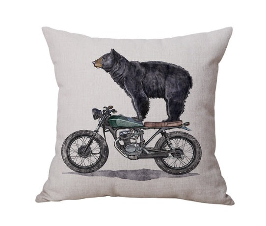 BEARING STANDING ON A MOTORCYCLE THROW CUSHION 18X18"