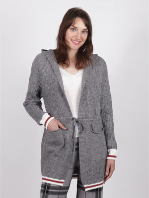 GREY CARDIGAN WITH RED AND WHITE DETAILS