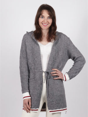 GREY CARDIGAN WITH RED AND WHITE DETAILS