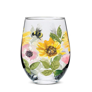 SUNFLOWERS & BEES STEMLESS WINE GLASS 5"H