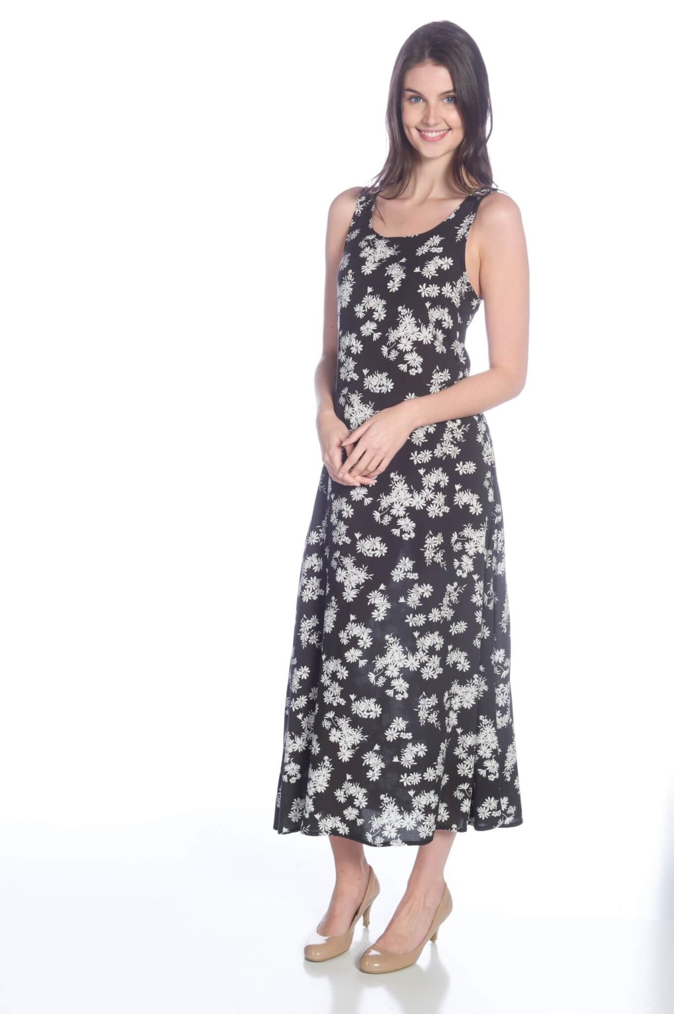 WOMEN'S A-LINE MAXI DRESS BLACK FLORAL