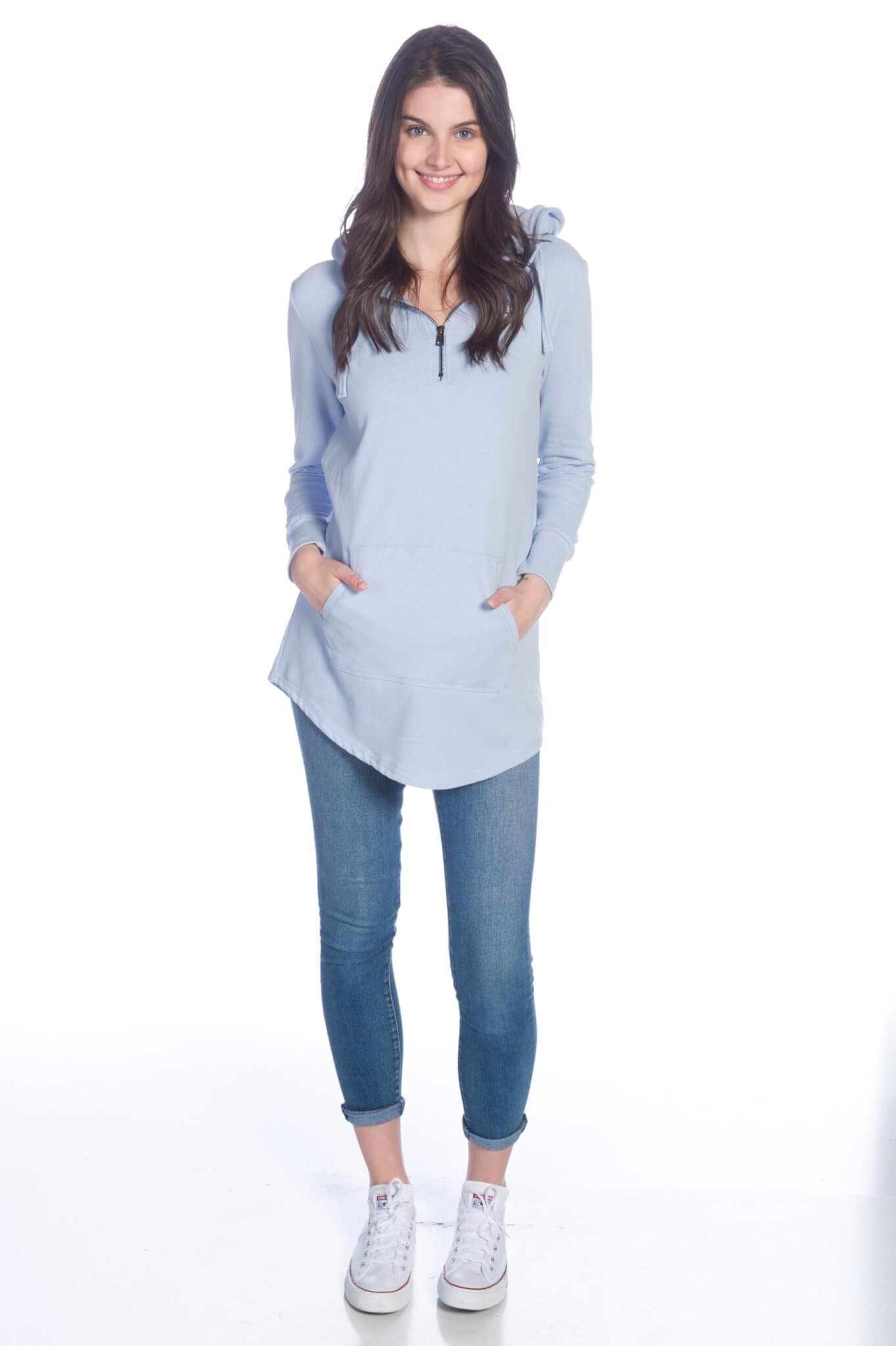 WOMEN'S 1/4 ZIP HOODED SWEAT DRESS LIGHT BLUE