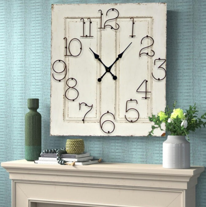 SQUARE WHITE WOOD CLOCK WITH WIRE NUMBERS
