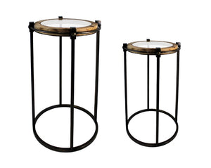 2 PIECES NESTING TABLE WITH ROUND GLASS AND WOOD FRAME