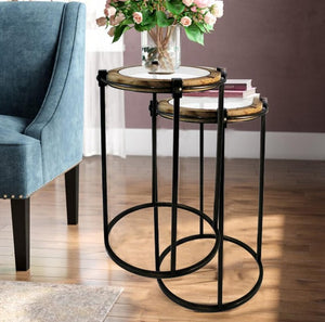 2 PIECES NESTING TABLE WITH ROUND GLASS AND WOOD FRAME