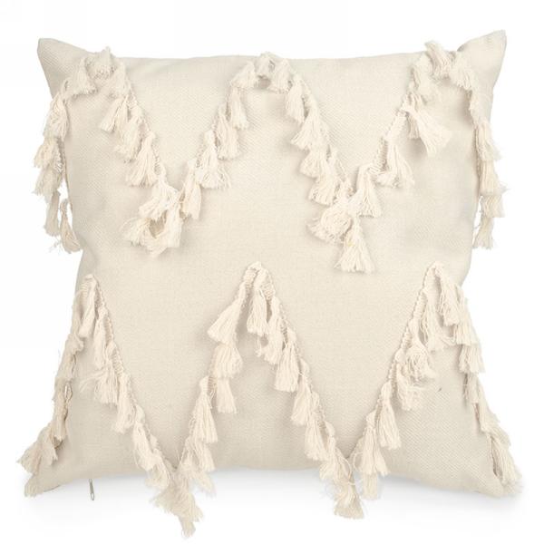 CREAM CUSHION WITH TASSELS 17" X 17"